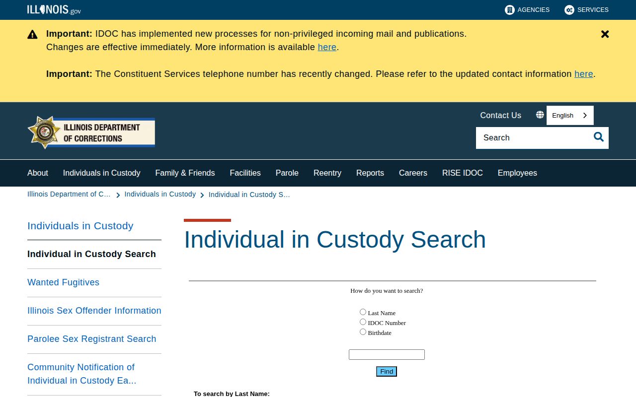 Illinois Department of Corrections individual in custody search for state records