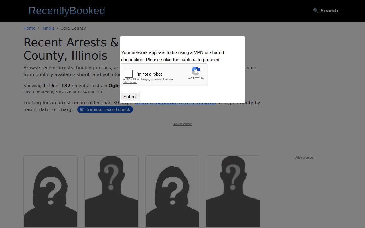 RecentlyBooked Ogle County unofficial recent-arrest index used as secondary context