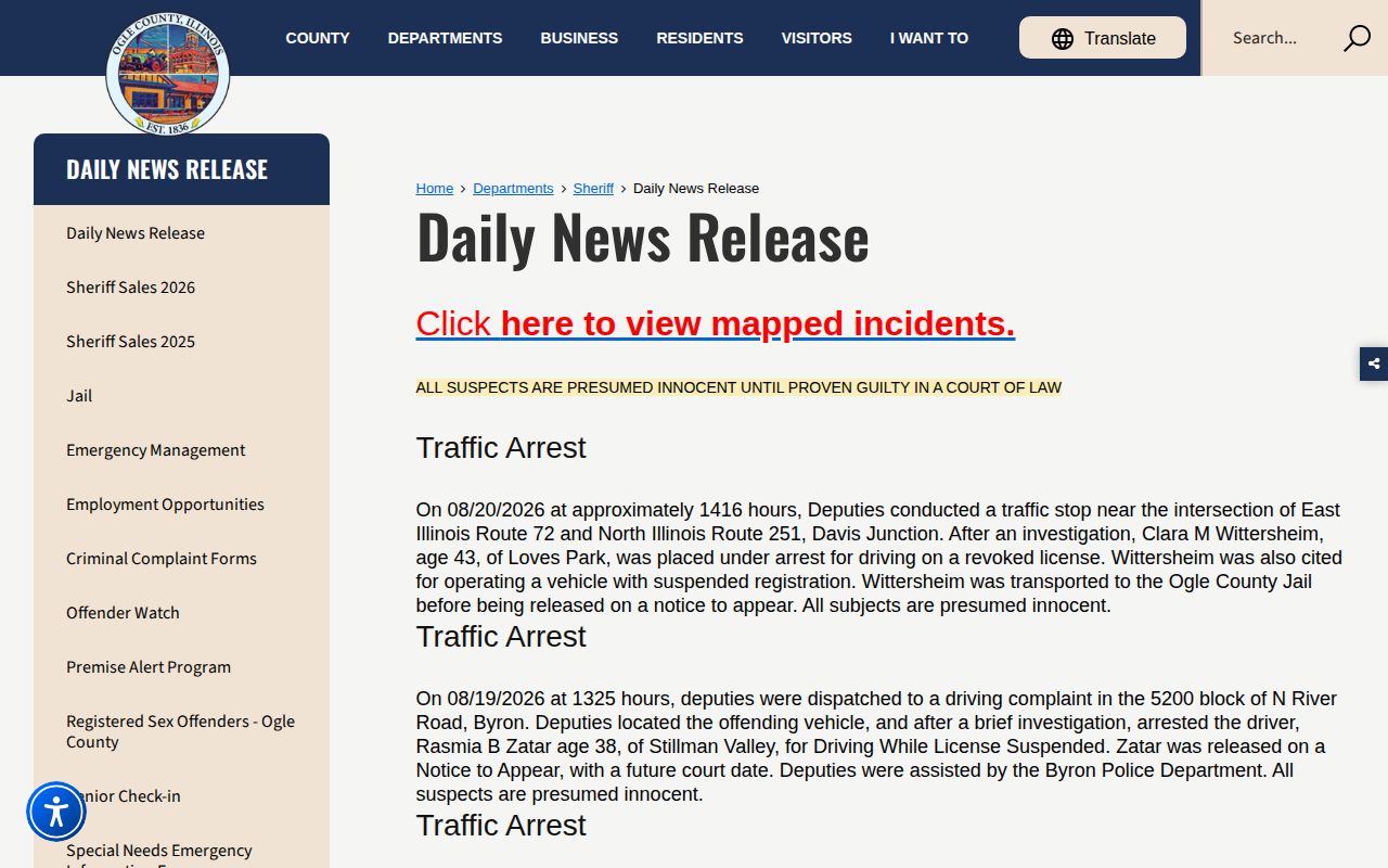 Ogle County Sheriff Daily News Release archive for recent arrest narratives