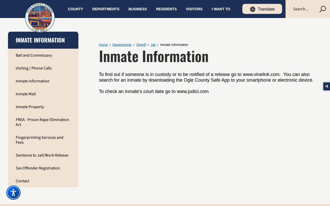 Ogle County official inmate information and custody search instructions